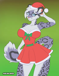 Size: 700x900 | Tagged: safe, artist:mrincred, oc, oc only, big cat, feline, mammal, snow leopard, anthro, 2020, armpits, arms behind head, breasts, christmas, clothes, commission, digital art, dress, ears, eyelashes, female, fur, glasses, hair, hat, headwear, holiday, looking at you, pink nose, pose, santa hat, simple background, solo, solo female, spotted body, spotted fur, tail, thighs, wide hips, ych result