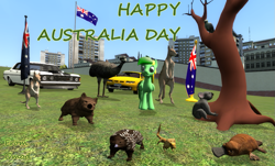 Size: 1131x681 | Tagged: safe, artist:didgereethebrony, oc, oc:didgeree, bird, cockatoo, echidna, emu, kangaroo, koala, mammal, marsupial, monotreme, parrot, platypus, wallaby, feral, lifelike feral, 3d, australia, australia day 2022, australian flag, building, car, ford, ford falcon, frilled neck lizard, garry's mod, gt-ho phase iii, holden, hsv, hsv gts, macropod, male, non-sapient, realistic, solo, solo male, vehicle, wombat
