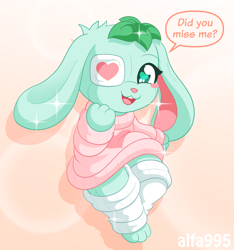 Size: 1200x1280 | Tagged: safe, artist:alfa995, oc, oc only, oc:mint (alfa995), lagomorph, living plushie, mammal, rabbit, anthro, digitigrade anthro, 2019, buckteeth, chibi, clothes, dialogue, digital art, ears, eyelashes, eyepatch, female, heart, heart eyes, looking at you, open mouth, pink nose, plushie, simple background, solo, solo female, speech bubble, sweater, tail, talking, teeth, text, thighs, tongue, topwear, wingding eyes