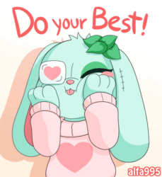 Size: 550x600 | Tagged: safe, artist:alfa995, oc, oc only, oc:mint (alfa995), lagomorph, living plushie, mammal, rabbit, anthro, 2019, 2d, 2d animation, animated, chibi, clothes, cute, digital art, ears, eyelashes, eyepatch, eyes closed, female, frame by frame, gif, pink nose, plushie, simple background, solo, solo female, squishy, sweater, tail, text, topwear
