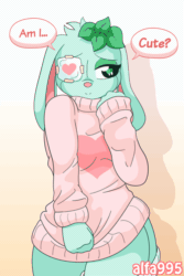Size: 600x900 | Tagged: safe, artist:alfa995, oc, oc only, oc:mint (alfa995), lagomorph, living plushie, mammal, rabbit, anthro, digitigrade anthro, 2019, 2d, 2d animation, animated, bedroom eyes, blushing, clothes, dialogue, digital art, ears, eyelashes, eyepatch, female, frame by frame, gif, legwear, pink nose, plushie, shaking, simple background, solo, solo female, speech bubble, stockings, sweater, tail, talking, text, thighs, topwear, wide hips