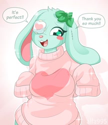 Size: 1109x1280 | Tagged: safe, artist:alfa995, oc, oc only, oc:mint (alfa995), lagomorph, living plushie, mammal, rabbit, anthro, 2019, breasts, buckteeth, clothes, dialogue, digital art, ears, eyelashes, eyepatch, female, happy, heart, heart eyes, looking down, open mouth, open smile, pink nose, plushie, simple background, smiling, solo, solo female, speech bubble, sweater, tail, talking, teeth, text, tongue, topwear, wide hips, wingding eyes