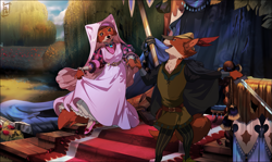 Size: 1711x1020 | Tagged: safe, artist:desubox, maid marian (robin hood), robin hood (robin hood), canine, fox, mammal, anthro, disney, robin hood (disney), belt, canon ship, clothes, couple, dress, duo, ears, female, fur, hat, headwear, jewelry, male, necklace, outdoors, red body, red fur, shipping, shoes, sword, tail, weapon