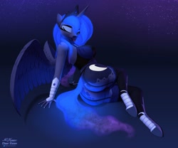 Size: 4096x3406 | Tagged: suggestive, artist:clear vision, princess luna (mlp), alicorn, equine, fictional species, mammal, pony, anthro, unguligrade anthro, friendship is magic, hasbro, my little pony, 2022, bedroom eyes, blep, bra, breasts, butt, clothes, cutie mark, digital art, ears, eyelashes, feathers, female, fur, hair, hooves, horn, legwear, looking at you, looking back, looking back at you, one eye closed, panties, pose, rear view, solo, solo female, spread wings, stockings, tail, tongue, tongue out, underwear, wedgie, wings