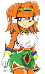 Size: 1248x2068 | Tagged: safe, artist:akatsukishiranui-fox, tikal the echidna (sonic), echidna, mammal, monotreme, anthro, sega, sonic the hedgehog (series), 2015, big breasts, breasts, clothes, eyelashes, female, gloves, lidded eyes, seductive look, signature, simple background, solo, solo female, white background
