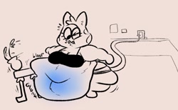 Size: 1091x671 | Tagged: suggestive, artist:octoguy, part of a set, katt (animal crossing), cat, feline, mammal, anthro, animal crossing, nintendo, 2022, anal insertion, barefoot, belly blush, belly button, belly fluff, bottomwear, breasts, cleavage, clothes, eyelashes, female, fetish, flower pot, fluff, hose, huge breasts, hyper, hyper belly, hyper butt, hyper inflation, inflation, inflation fetish, insertion, limited palette, midriff, one eye closed, onomatopoeia, shorts, sink, solo, solo female, tank top, text, topwear, water inflation