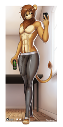 Size: 640x1280 | Tagged: suggestive, artist:tailsrulz, oc, oc only, big cat, feline, lion, mammal, anthro, digitigrade anthro, cell phone, chest fluff, crotch bulge, fluff, hourglass figure, lidded eyes, male, neck fluff, nipple fluff, nudity, partial nudity, penis, phone, selfie, smiling, solo, solo male, tight clothing, topless