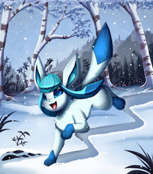 Size: 1133x1280 | Tagged: safe, artist:pridark, eeveelution, fictional species, glaceon, mammal, feral, nintendo, pokémon, 2022, ambiguous gender, black nose, commission, digital art, ears, forest, fur, hair, open mouth, paws, plant, snow, snowfall, solo, solo ambiguous, tail, tongue, tree