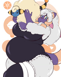 Size: 1024x1280 | Tagged: suggestive, artist:gin-blade, fictional species, mammal, mareep, wooloo, anthro, feral, nintendo, pokémon, 2021, ambiguous gender, breasts, cameltoe, clothes, commission, digital art, duo, ears, eyelashes, female, fur, hair, huge breasts, legwear, lifting, looking at you, simple background, slightly chubby, stockings, suit, thighs, wide hips