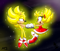 Size: 1220x1026 | Tagged: safe, artist:magzieart, amy rose (sonic), sonic the hedgehog (sonic), hedgehog, mammal, anthro, plantigrade anthro, sega, sonic the hedgehog (series), 2022, duo, female, flying, holding, holding hands, lidded eyes, male, male/female, shipping, signature, sonamy (sonic), super amy rose, super form, super sonic