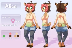 Size: 1280x865 | Tagged: suggestive, artist:alfa995, oc, oc:alice (tawyck), cervid, deer, mammal, anthro, unguligrade anthro, 2018, belly button, bottomwear, breasts, butt, clothes, commission, digital art, doe, ears, eyelashes, female, fur, hair, hooves, looking at you, open mouth, pants, rear view, reference sheet, shirt, side view, sideboob, solo, solo female, tail, text, thighs, tongue, topwear, wide hips