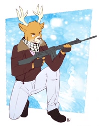 Size: 1009x1280 | Tagged: safe, artist:rookie bear, oc, oc only, cervid, deer, mammal, anthro, battle rifle, bottomwear, breath, clothes, coat, cold, fingerless gloves, fn fal, fursona, gloves, gun, kneeling, male, on one knee, pants, rifle, scarf, shoes, solo, solo male, topwear, weapon