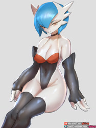 Size: 960x1280 | Tagged: safe, artist:girlsay, fictional species, gardevoir, shiny pokémon, anthro, nintendo, pokémon, 2020, anthrofied, breasts, cleavage, clothes, digital art, ears, eyelashes, female, gloves, hair, looking at you, simple background, sitting, solo, solo female, thighs, wide hips