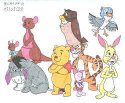 Size: 1280x1056 | Tagged: safe, artist:cmara, eeyore (winnie-the-pooh), kanga (winnie-the-pooh), owl (winnie-the-pooh), piglet (winnie-the-pooh), rabbit (winnie-the-pooh), roo (winnie-the-pooh), tigger (winnie-the-pooh), winnie-the-pooh (winnie-the-pooh), animate object, bear, big cat, bird, bird of prey, bluebird, donkey, equine, feline, fictional species, kangaroo, lagomorph, living plushie, mammal, marsupial, owl, pig, rabbit, songbird, suid, tiger, feral, semi-anthro, disney, winnie-the-pooh, 2022, 2d, female, group, kessie (winnie-the-pooh), macropod, male, mother, mother and child, mother and son, plushie, simple background, son, traditional art, white background