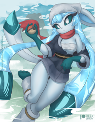 Size: 961x1230 | Tagged: safe, artist:rilexlenov, eeveelution, fictional species, glaceon, mammal, anthro, cc by-nc-sa, creative commons, nintendo, pokémon, 2022, anthrofied, bandage, blue hair, breasts, clothes, ears, female, hair, looking at you, scarf, solo, solo female, tail, thighs