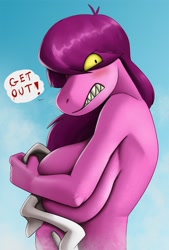 Size: 1079x1600 | Tagged: suggestive, alternate version, artist:creatiffy, susie (deltarune), reptile, anthro, deltarune, 2021, breasts, covering breasts, dialogue, digital art, gritted teeth, hair, huge breasts, looking at you, nudity, one eye closed, scales, sharp teeth, shower, speech bubble, talking, teeth, text, towel