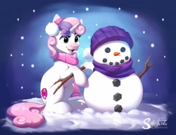 Size: 4096x3135 | Tagged: safe, artist:silentwulv, sweetie belle (mlp), equine, fictional species, mammal, pony, unicorn, friendship is magic, hasbro, my little pony, 2022, 2d, clothes, cute, earmuffs, female, filly, foal, high res, open mouth, open smile, scarf, sitting, smiling, snow, snowman, solo, solo female, young