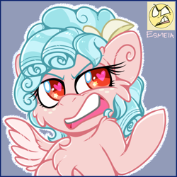 Size: 512x512 | Tagged: safe, artist:esmeia, cozy glow (mlp), equine, fictional species, mammal, pegasus, pony, friendship is magic, hasbro, my little pony, blue hair, blue mane, bow, female, filly, foal, freckles, fur, hair, hair bow, heart, heart eyes, mane, open mouth, pink body, pink fur, red eyes, solo, solo female, wingding eyes, young