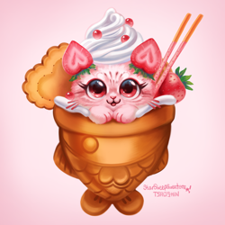 Size: 1200x1200 | Tagged: safe, artist:tsaoshin, cat, feline, fictional species, fish, food creature, hybrid, mammal, feral, 2022, berry, cute, female, food, front view, fruit, gradient background, ice cream, ice cream cone, open mouth, open smile, smiling, solo, solo female, strawberry, taiyaki