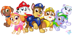 Size: 1920x945 | Tagged: safe, artist:rainbow eevee, chase (paw patrol), everest (paw patrol), marshall (paw patrol), rocky (paw patrol), rubble (paw patrol), skye (paw patrol), zuma (paw patrol), canine, cockapoo, dalmatian, dog, english bulldog, german shepherd, husky, labrador, mammal, nickelodeon, paw patrol, blue eyes, brown body, brown eyes, brown fur, clothes, collar, cream body, cream fur, cute, eyelashes, female, fur, goggles, goggles on head, gray body, gray fur, group, hammer, happy, hat, headwear, helmet, jetpack, looking at you, male, mix breed, multicolored fur, open mouth, orange body, orange fur, pink eyes, purple body, purple fur, simple background, smiling, smiling at you, spotted fur, tan body, tan fur, tongue, transparent background, two toned body, two toned fur, vector, wall of tags, white body, white fur, yellow eyes