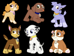 Size: 408x306 | Tagged: safe, artist:rainbow eevee, chase (paw patrol), marshall (paw patrol), rocky (paw patrol), rubble (paw patrol), skye (paw patrol), zuma (paw patrol), bulldog, canine, cockapoo, dalmatian, dog, english bulldog, german shepherd, labrador, mammal, nickelodeon, paw patrol, 2d, 2d animation, animated, black background, blinking, female, gif, looking at you, low res, male, paw pads, paws, raised leg, simple background, sitting, tail, tail wag