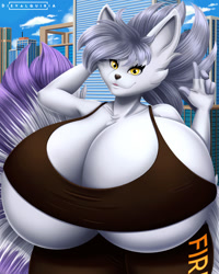Size: 1024x1280 | Tagged: suggestive, artist:dievalquiria, oc, oc only, fictional species, ninetales, anthro, nintendo, pokémon, 2022, black nose, bottomwear, breasts, clothes, commission, crop top, digital art, ears, eyelashes, female, fur, giantess, hyper, hyper breasts, looking at you, macro, shorts, solo, solo female, sports bra, sports shorts, tail, topwear, underboob