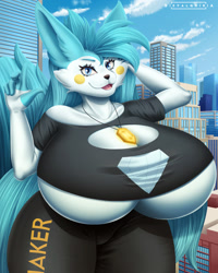 Size: 1024x1280 | Tagged: suggestive, artist:dievalquiria, oc, oc only, fictional species, pachirisu, anthro, nintendo, pokémon, 2021, anthrofied, black nose, bottomwear, breasts, cleavage, clothes, commission, crop top, digital art, ears, eyelashes, female, fur, giantess, hair, hyper, hyper breasts, looking at you, macro, open mouth, shorts, solo, solo female, sports bra, sports shorts, tail, tongue, topwear, underboob, waving