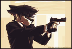 Size: 1172x802 | Tagged: safe, artist:saintversa, oc, oc only, canine, dog, husky, mammal, anthro, aiming, business suit, clothes, ears, ears down, fingerless gloves, five seven, gloves, gun, handgun, male, necktie, pistol, simple background, solo, solo male, suit, weapon