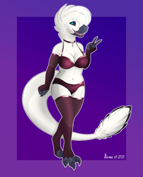 Size: 1613x2000 | Tagged: suggestive, artist:praxos, oc, oc:zephyra, dinosaur, raptor, theropod, anthro, bra, claws, clothes, feathers, female, gloves, legwear, long gloves, panties, purple background, simple background, solo, solo female, stockings, talons, underwear, white body