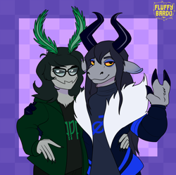 Size: 3792x3784 | Tagged: safe, artist:fluffybardo, arthropod, bovid, bull, cattle, fictional species, insect, mammal, moth, troll (homestuck), anthro, humanoid, homestuck, art trade, clothes, duo, high res