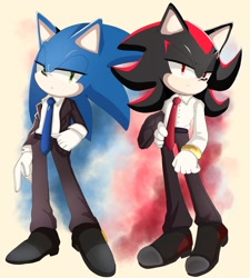 Size: 1012x1122 | Tagged: safe, artist:nuinu_17, shadow the hedgehog (sonic), sonic the hedgehog (sonic), hedgehog, mammal, anthro, sega, sonic the hedgehog (series), bipedal, black body, black fur, blue body, blue fur, bottomwear, clothes, duo, duo male, fur, gloves, green eyes, half closed eyes, looking at you, male, males only, necktie, pants, quills, red body, red eyes, red fur, shirt, shoes, simple background, standing, suit, topwear, yellow background