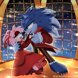Size: 1000x1000 | Tagged: safe, artist:psonamy, amy rose (sonic), sonic the hedgehog (sonic), beauty and the beast, disney, sega, sonic the hedgehog (series), duo, female, male, male/female, shipping, sonamy (sonic), werehog