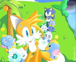Size: 1024x839 | Tagged: safe, artist:nuinu_17, miles "tails" prower (sonic), sonic the hedgehog (sonic), canine, chao, fictional species, fox, hedgehog, hero chao, mammal, red fox, anthro, plantigrade anthro, sega, sonic adventure 2, sonic the hedgehog (series), ambiguous gender, blue body, blue eyes, blue fur, candy, cheek fluff, clothes, day, eyes closed, fluff, food, frowning, fur, gloves, grass, green eyes, group, holding, male, mint, multiple tails, outdoors, palm tree, plant, quills, shoes, sweat, tail, tree, two tails, water, white body, white fur, yellow body, yellow fur