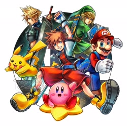 Size: 2048x2038 | Tagged: safe, artist:hollypollly, cloud strife (final fantasy), kirby (kirby), link (zelda), mario (mario), sora (kingdom hearts), elf, fictional species, human, hylian, mammal, pikachu, humanoid, disney, final fantasy, kingdom hearts, kirby (series), mario (series), nintendo, pokémon, square enix, super smash brothers, the legend of zelda, 2021, blonde hair, blue eyes, bottomwear, brown hair, clothes, crossover, fingerless gloves, gloves, hair, hat, headwear, high res, male, shoes, shorts, smiling, sword, weapon