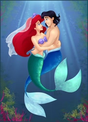 Size: 900x1245 | Tagged: safe, artist:madam-marla, ariel (the little mermaid), fictional species, fish, mammal, mermaid, humanoid, disney, the little mermaid (disney), 2011, black hair, blue scales, female, fins, green scales, hair, long hair, male, male/female, mermaid tail, merman, partial nudity, prince eric (the little mermaid), red hair, scales, seashell bra, topless