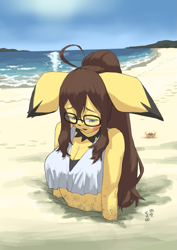 Size: 905x1280 | Tagged: suggestive, alternate version, artist:yanamosuda, fictional species, mammal, pichu, anthro, nintendo, pokémon, 2022, beach, bedroom eyes, black nose, breasts, clothes, commission, digital art, ears, eyelashes, female, fur, hair, looking down, ocean, quicksand, sand, solo, solo female, tank top, topwear, water