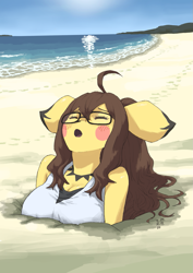 Size: 905x1280 | Tagged: suggestive, alternate version, artist:yanamosuda, fictional species, mammal, pichu, anthro, nintendo, pokémon, 2022, beach, black nose, breasts, clothes, commission, digital art, ears, eyelashes, eyes closed, female, fur, hair, ocean, open mouth, quicksand, sand, sinking, solo, solo female, tank top, topwear, water