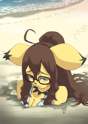 Size: 905x1280 | Tagged: suggestive, alternate version, artist:yanamosuda, fictional species, mammal, pichu, anthro, nintendo, pokémon, 2022, beach, black nose, breasts, clothes, commission, digital art, ears, eyelashes, female, fur, hair, looking at you, ocean, quicksand, sand, sinking, solo, solo female, tank top, topwear, water