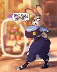 Size: 2600x3250 | Tagged: suggestive, artist:stunnerpony, judy hopps (zootopia), lagomorph, mammal, rabbit, anthro, digitigrade anthro, disney, zootopia, 2019, big breasts, breast expansion, breasts, buckteeth, butt, butt expansion, clothes, dart, digital art, ears, expansion, eyelashes, female, fur, high res, looking back, open mouth, pink nose, police uniform, rear view, sideboob, solo, solo female, tail, teeth, thighs, tongue, torn clothes, wide hips