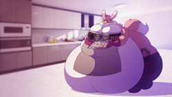 Size: 2500x1406 | Tagged: suggestive, artist:stunnerpony, fictional species, renamon, anthro, digitigrade anthro, digimon, 2017, apron, bedroom eyes, black nose, clothes, commission, digital art, ears, eyelashes, fat, female, fur, hair, hyper, hyper belly, looking at you, morbidly obese, naked apron, nudity, overweight, partial nudity, solo, solo female, tail, thick thighs, thighs, wide hips