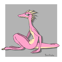 Size: 600x600 | Tagged: safe, artist:bestbake, fictional species, kobold, lizard, reptile, snake, anthro, ambiguous gender, gray background, green eyes, looking at you, nudity, pink body, pixel art, scales, signature, simple background, sitting, solo, tail