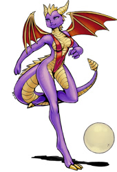 Size: 818x1200 | Tagged: safe, artist:luigiix, spyro the dragon (spyro), dragon, fictional species, western dragon, anthro, digitigrade anthro, spyro the dragon (series), 2015, belly button, bikini, breasts, clothes, commission, digital art, dragon wings, dragoness, ears, female, hair, pose, rule 63, scales, simple background, sling bikini, solo, solo female, swimsuit, tail, wide hips