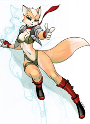 Size: 800x1096 | Tagged: safe, artist:luigiix, fox mccloud (star fox), canine, fox, mammal, anthro, nintendo, star fox, 2014, belly button, bikini, black nose, boots, breasts, clothes, commission, digital art, ears, female, fur, hair, jacket, looking at you, pose, rule 63, shoes, solo, solo female, swimsuit, tail, topwear, vixen, vixen mccloud, wide hips