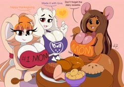 Size: 4776x3336 | Tagged: suggestive, artist:nr_ac, kanga (winnie-the-pooh), toriel (undertale), vanilla the rabbit (sonic), bovid, goat, kangaroo, mammal, marsupial, cc by-nc-nd, creative commons, disney, sega, sonic the hedgehog (series), undertale, winnie-the-pooh, 2021, apron, breasts, clothes, crossover, digital art, ears, eyelashes, female, females only, food, fur, holiday, huge breasts, looking at you, macropod, mature, mature female, naked apron, nudity, open mouth, partial nudity, tail, thanksgiving, thick thighs, thighs, tongue, trio, trio female