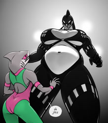 Size: 926x1055 | Tagged: safe, artist:transient001, orca (dc comics), shark-girl (marvel), cetacean, fish, mammal, orca, shark, anthro, dc comics, marvel, x-men, big butt, bra, breasts, butt, clothes, duo, female, huge breasts, looking at each other, looking down, looking up, panties, sharp teeth, teeth, thick thighs, thighs, underwear, wide hips, wrestling mask, wrestling outfit