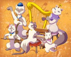 Size: 834x665 | Tagged: safe, artist:chesney, dongwa miao (sagwa), mama miao (sagwa), sagwa miao (sagwa), sheegwa miao (sagwa), cat, feline, mammal, semi-anthro, pbs, sagwa the chinese siamese cat, baba miao (sagwa), cello, flute, group, harp, musical instrument, piano, singing