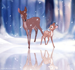 Size: 1024x961 | Tagged: safe, artist:alantka, bambi (bambi), bambi's mother (bambi), cervid, deer, mammal, feral, bambi (film), disney, duo, female, male, mother, mother and child, mother and son, snow, son