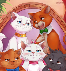 Size: 800x860 | Tagged: safe, artist:vermeilbird, berlioz (the aristocats), duchess (the aristocats), marie (the aristocats), thomas o'malley (the aristocats), toulouse (the aristocats), cat, feline, mammal, disney, the aristocats, black body, black fur, blue eyes, brown eyes, daughter, female, fur, group, kitten, male, mother, mother and child, mother and daughter, mother and son, orange body, orange fur, son, white body, white fur, young