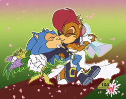 Size: 1031x807 | Tagged: safe, artist:thesheeark, princess sally acorn (sonic), sonic the hedgehog (sonic), chipmunk, hedgehog, mammal, rodent, anthro, archie sonic the hedgehog, sega, sonic the hedgehog (series), anthro/anthro, clothes, dress, female, kissing, male, male/female, princess, sonally (sonic), tuxedo, wedding, wedding dress