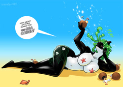 Size: 1270x901 | Tagged: safe, artist:transient001, orca (dc comics), arthropod, cetacean, crab, crustacean, mammal, orca, starfish, anthro, feral, dc comics, big breasts, big butt, blushing, breasts, butt, coconut, coconut cup, coconut drink, drunk, drunk bubbles, grin, smiling, solo, thick thighs, thighs, wide hips